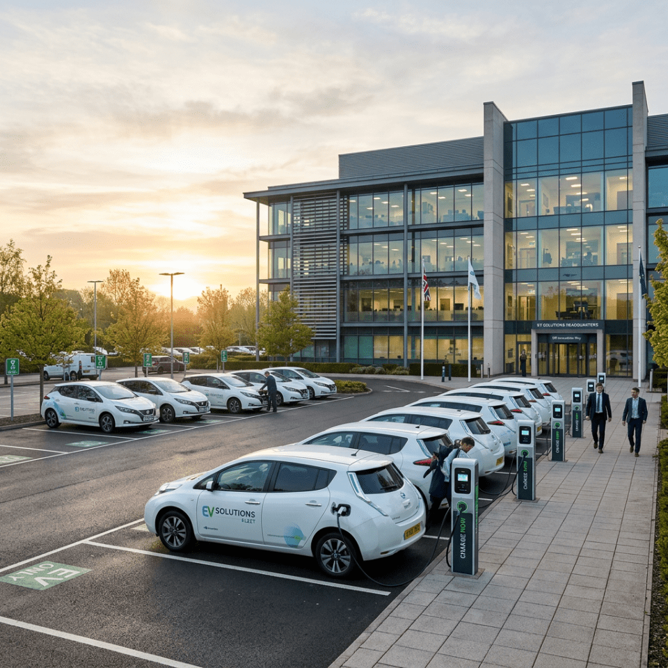 Electric company cars parked and charging at charging stations outside office building
